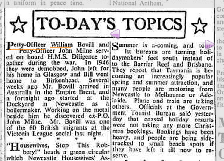 Newcastle Herald Article mentions Bill Bovill (1919-1978) - Saturday 23 September 1950